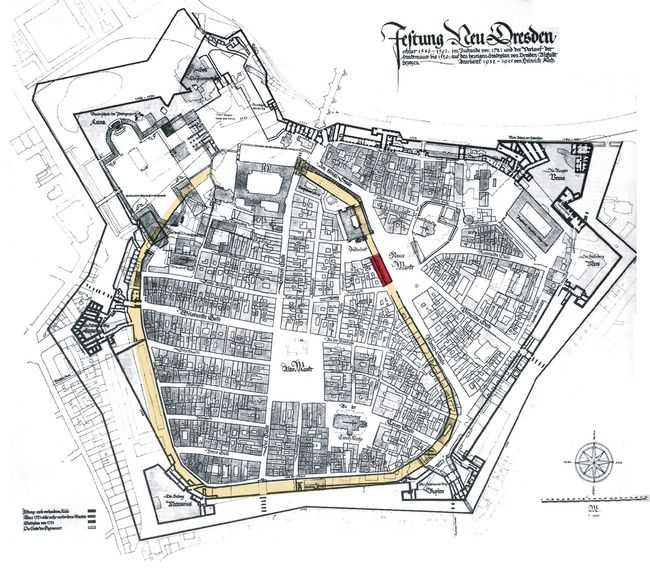 plan prezentujący przebieg murów miejskich średniowiecznych i nowożytnej twierdzy